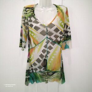 Patchington Multi-Color Shear Tunic Top or Mini-Dress Beach Coverup V-Neck NEW M